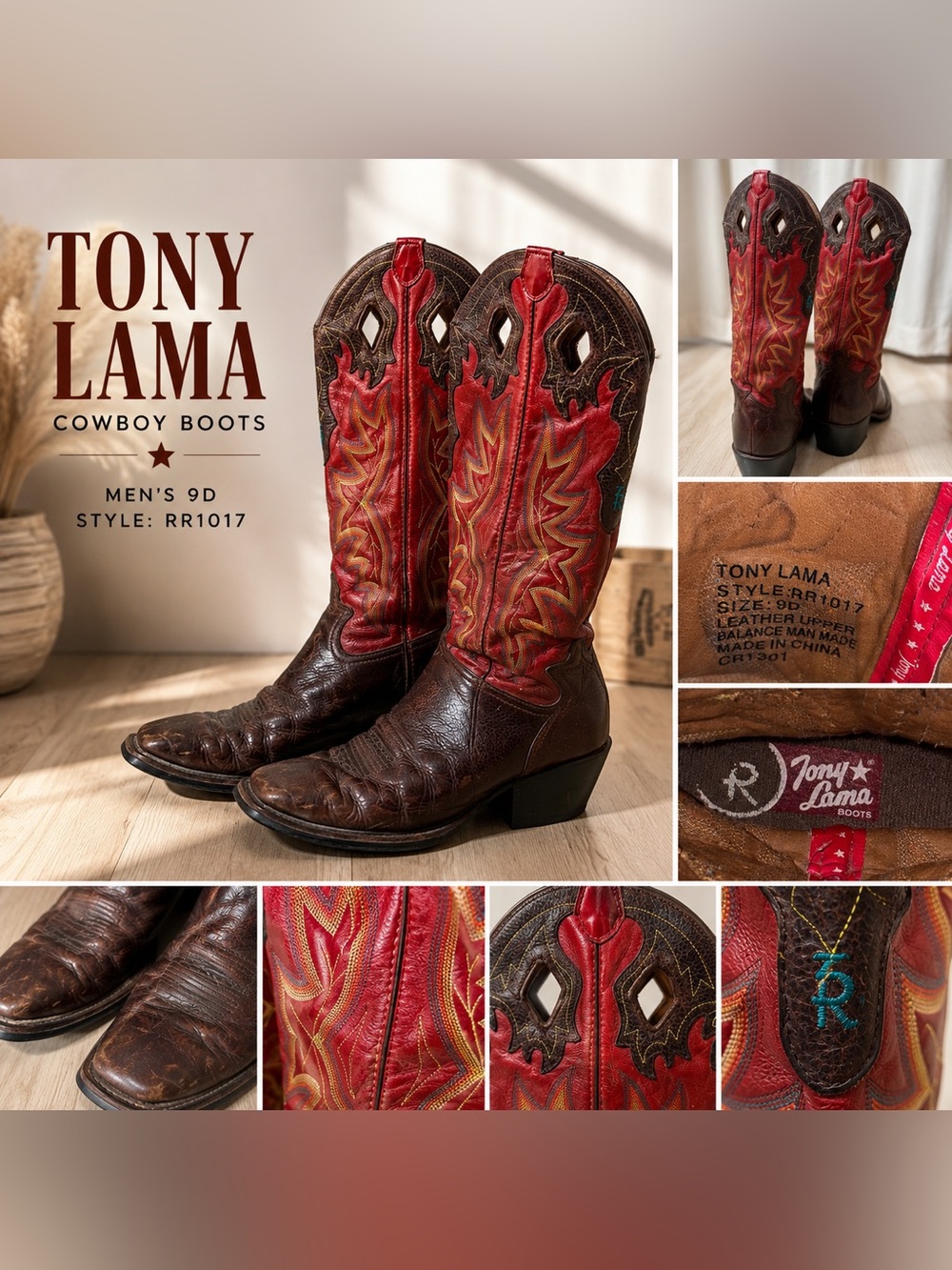 Tony Lama Brown Leather Cowboy Boots with Red Shaft